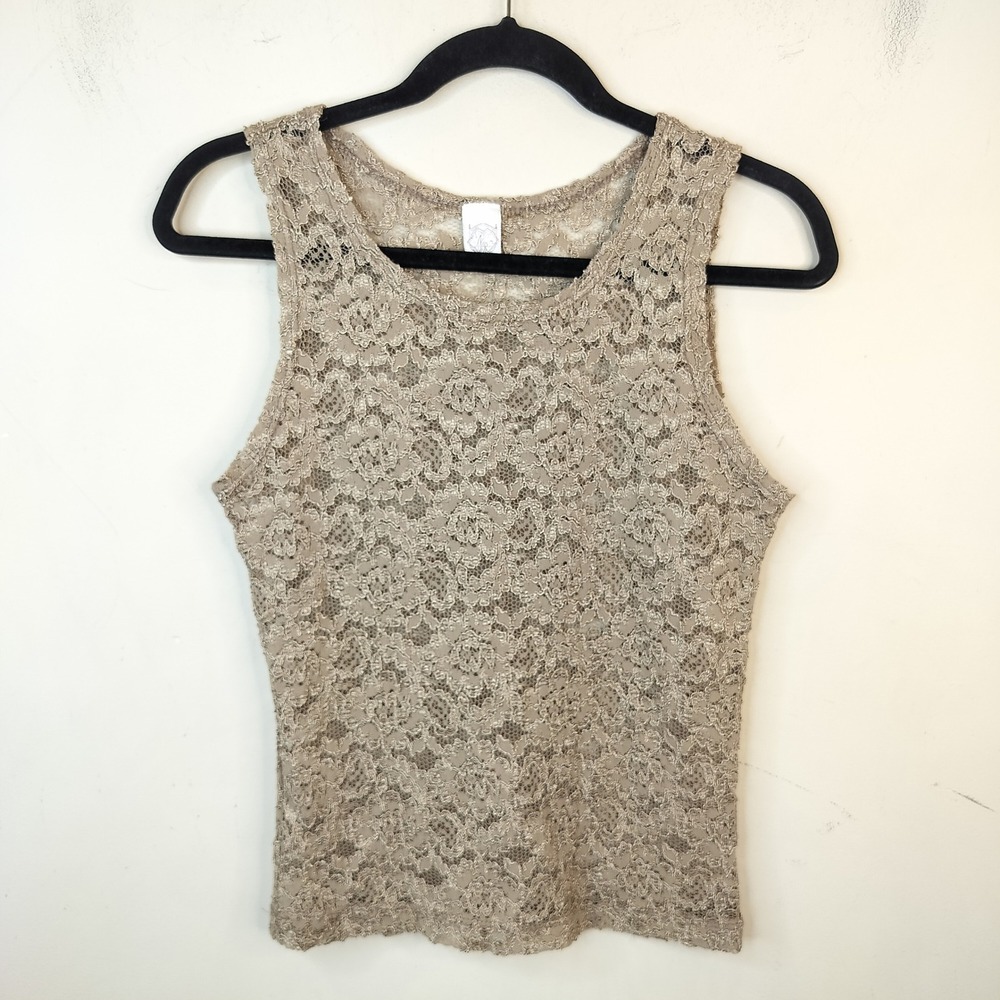 Nap Vintage Lace Tank Top Medium Floral Sheer Made in USA Taupe Women's
